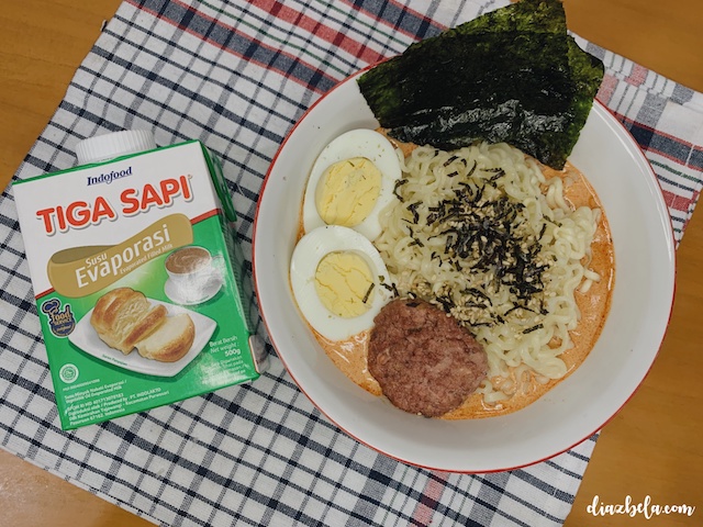 resep spicy creamy noodle menggunakan Tiga Sapi praktis dan ekonomis